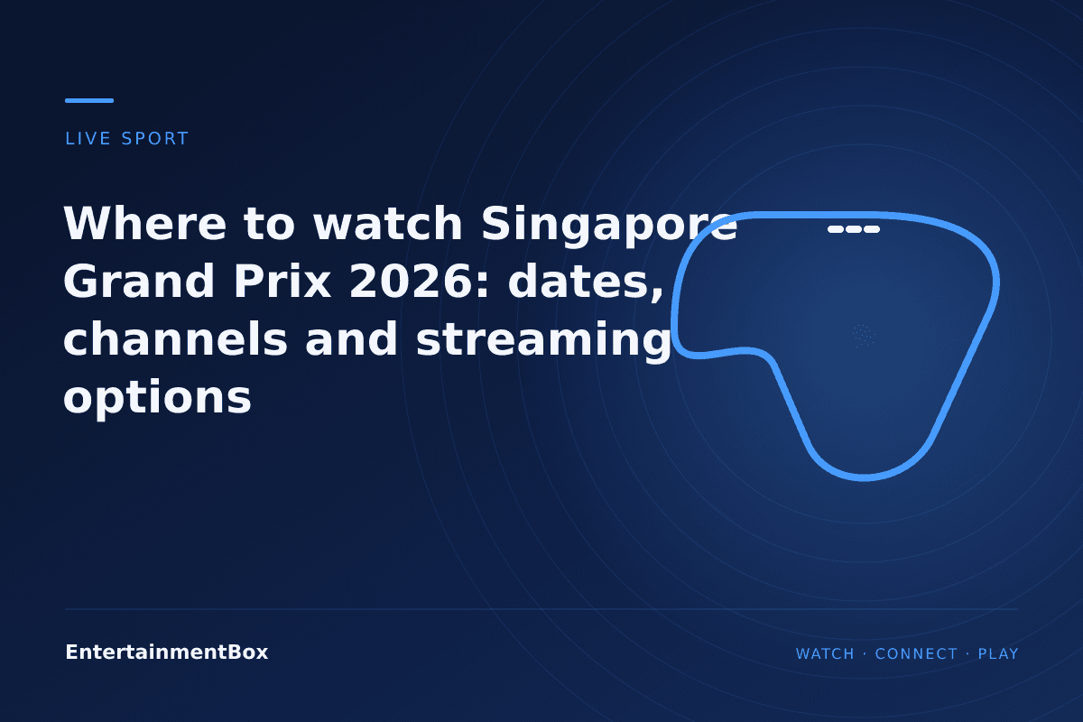 EntertainmentBox editorial cover: Where to watch Singapore Grand Prix 2026: dates, channels and streaming options