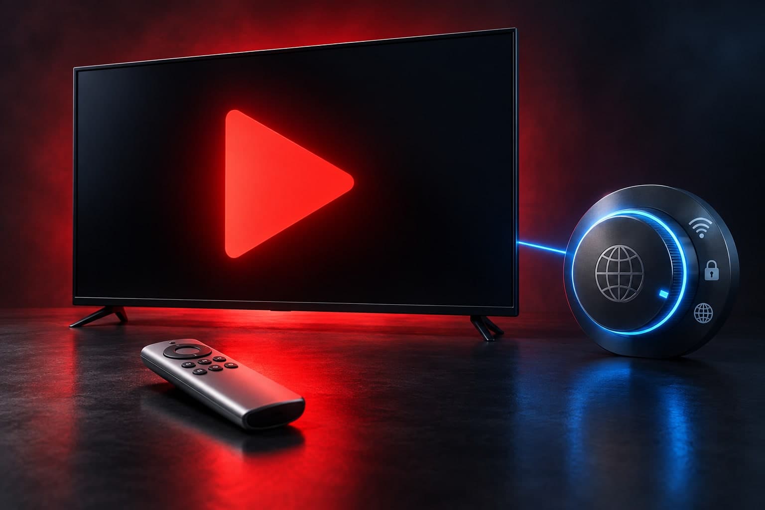 Red-lit television and a blue network dial, an editorial illustration of streaming connection setup