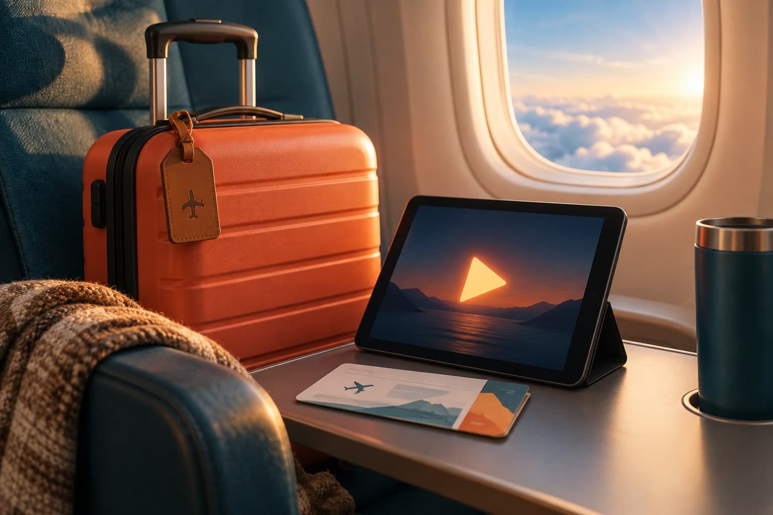 Travel suitcase and tablet beside an aircraft window, an editorial illustration of watching while travelling