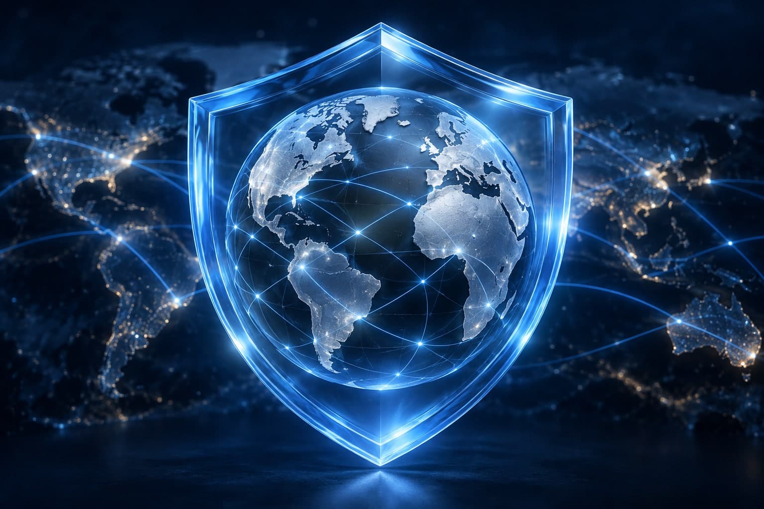 Blue glass shield surrounding a connected globe, an editorial illustration of VPN privacy